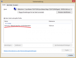 Die Window Farbverwaltung zeigt unter Anderem das gerade verwendete Monitorprofil an 