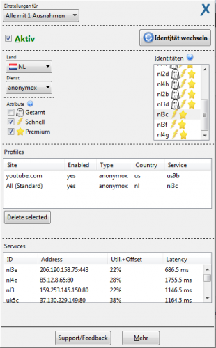 Einstellungspanel des anonymoX Plugins