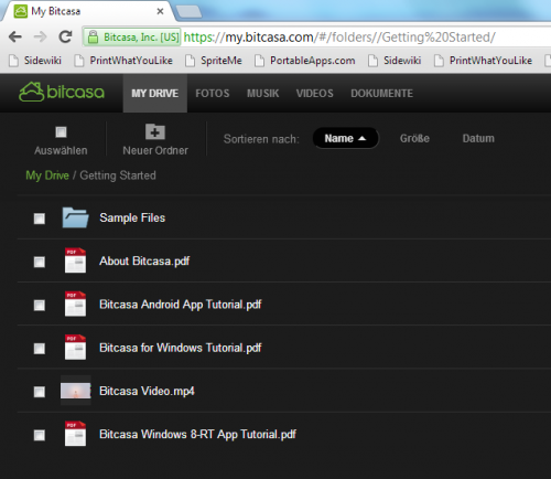Screenshot des Bitcasa Webinterface