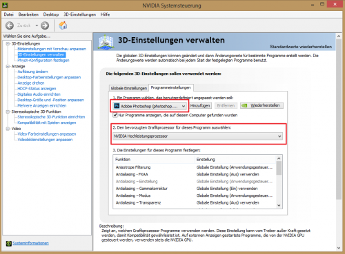 NVIDIA Optimus Einstellungen für Photoshop CC