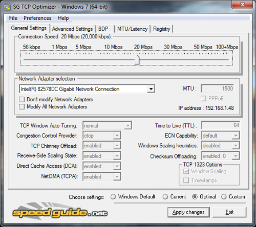 Screenshot der Oberfläche des TCPOptimizers von Speedguide.net