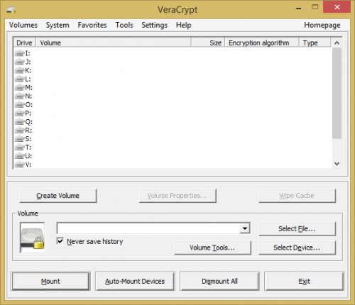 Startbildschirm von VeraCrypt 1.0d