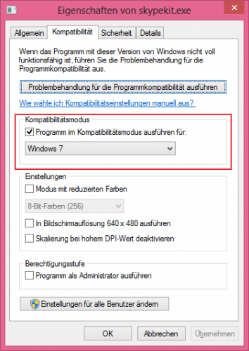 Führt man die skypekit.exe im Kompatibilitätsmodus aus, erhält Skype für Trillian eine Gnadenfrist.