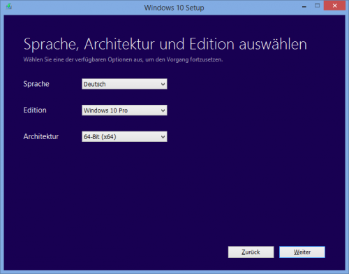 Sprache, Version, Architektur auswählen