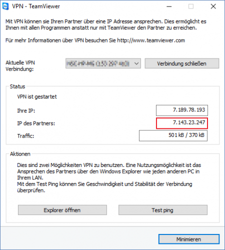 Das Teamviewer VPN Statusfenster enthält die für das [code]route[/code] Kommando notwendige Gateway-IP